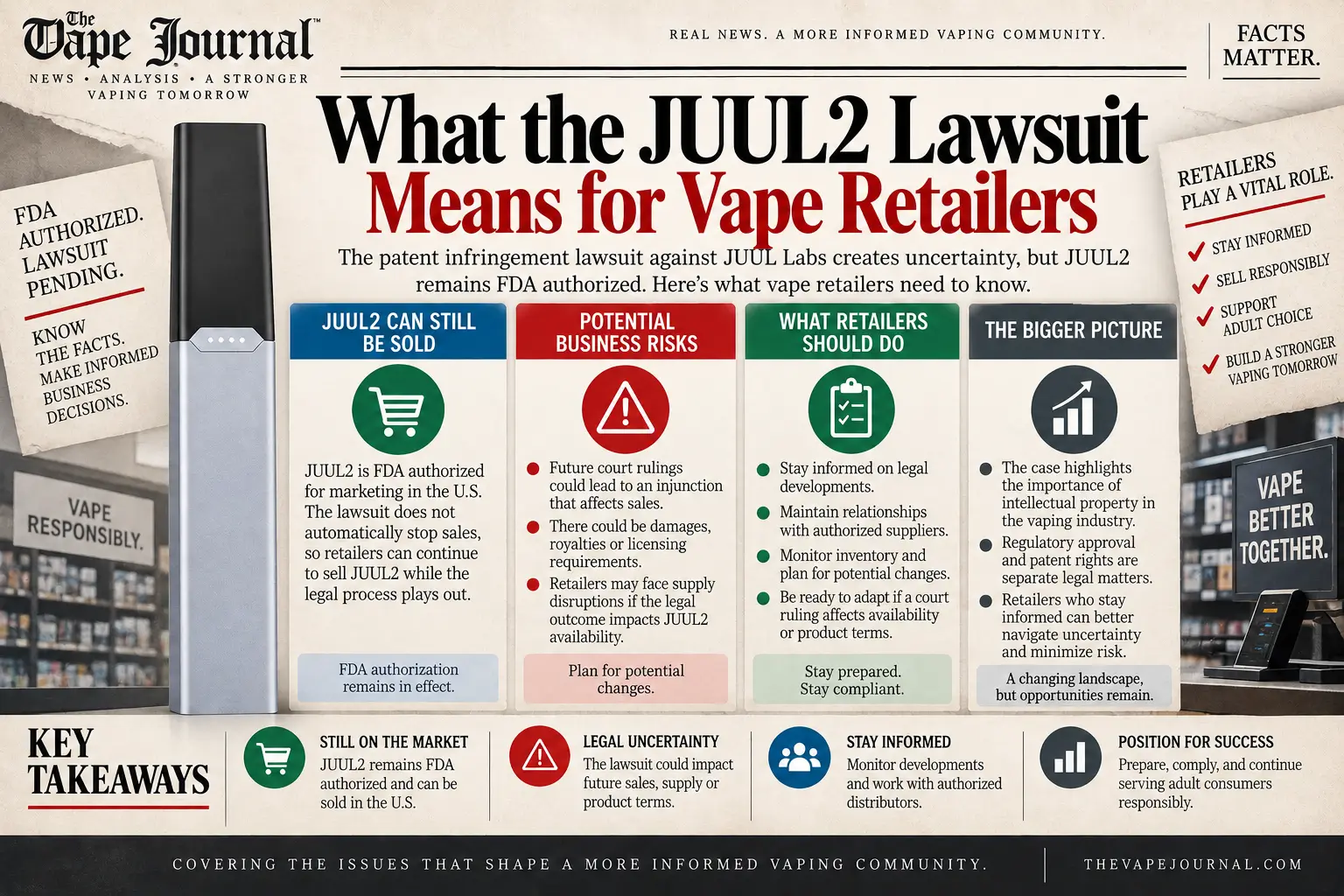 What the JUUL2 patent lawsuit means for vape retailers in 2026 — JUUL2 can still be sold, potential risks, what retailers should do